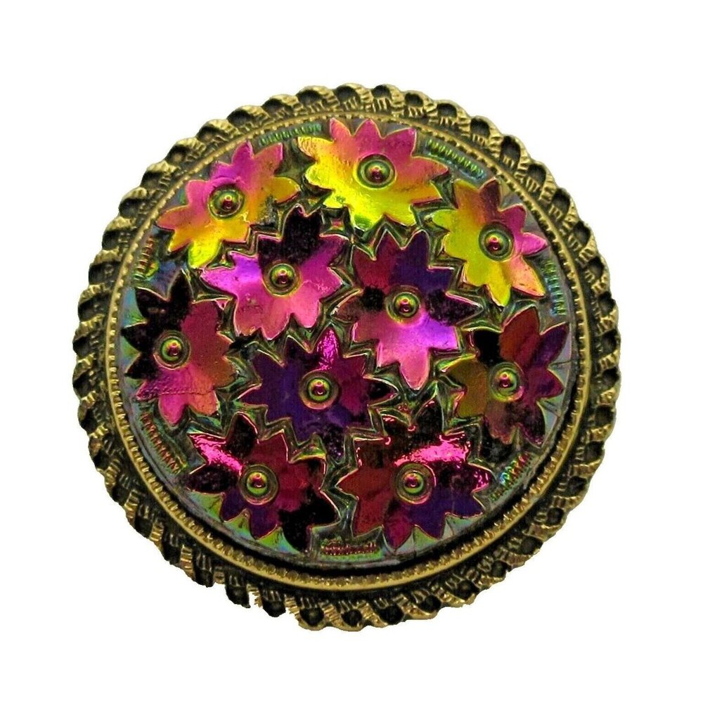 Vintage Western Germany Gold Tone Scarf Clip Purple Stars Flowers Iridescent